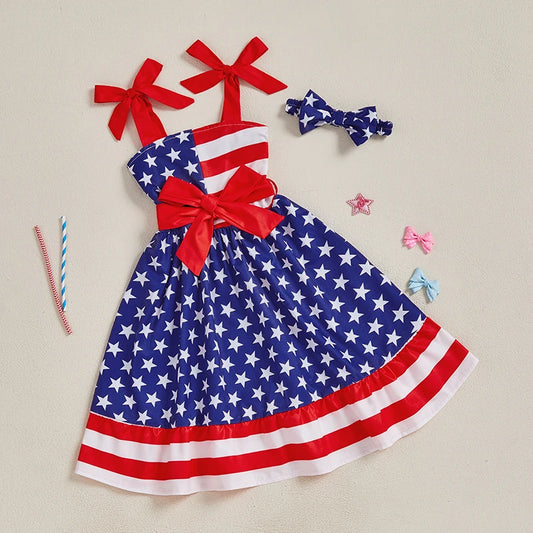 Girls Fourth of July Outfits American Flag Print Ruffle Sleeveless Dress with Matching Headband for Independence Day