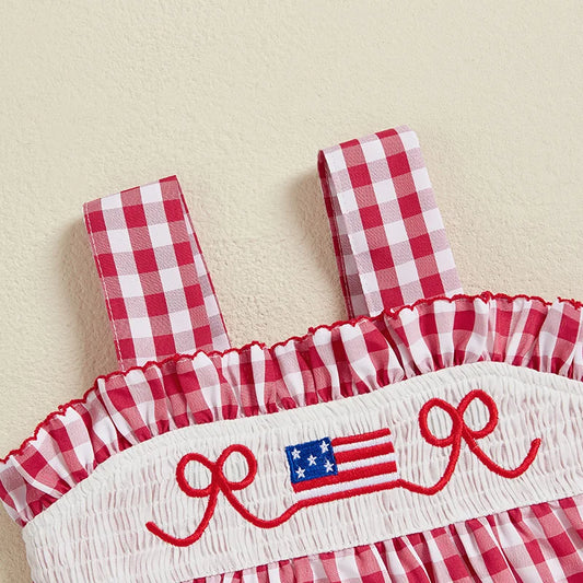 Girls American Flag Print Sleeveless Dress with Bow Detail and Plaid A-Line Skirt for Patriotic Events and Summer Parties -