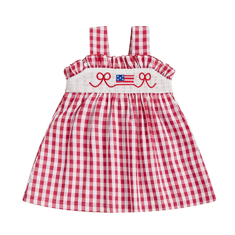 Girls American Flag Print Sleeveless Dress with Bow Detail and Plaid A-Line Skirt for Patriotic Events and Summer Parties -