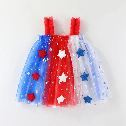 Independence Day Toddler Girl Dress Patriotic American Flag Print Sleeveless Suspender Tulle A Line Dress for Summer Celebration