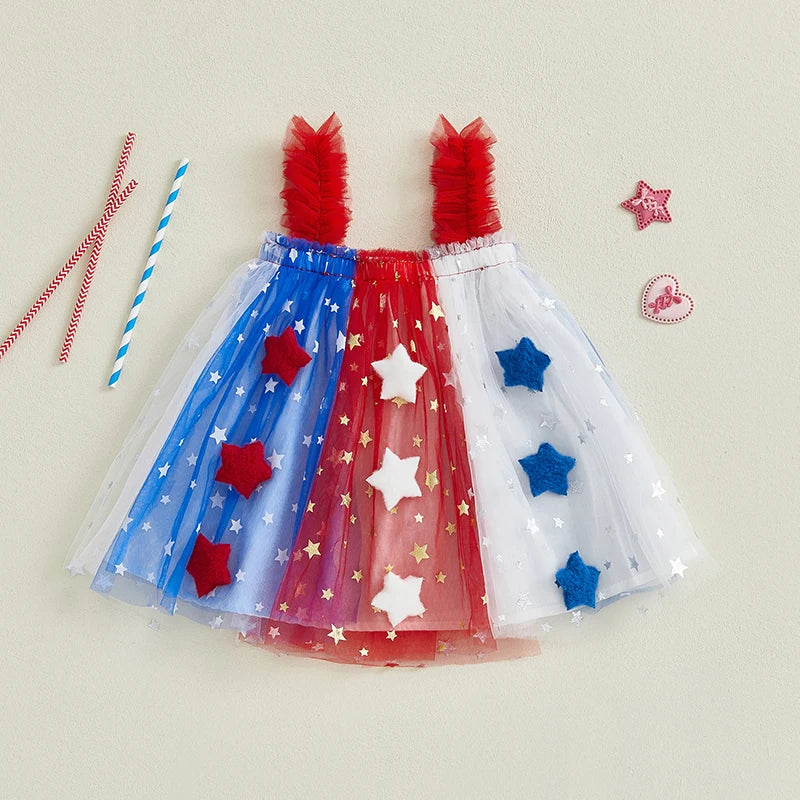 Independence Day Toddler Girl Dress Patriotic American Flag Print Sleeveless Suspender Tulle A Line Dress for Summer Celebration