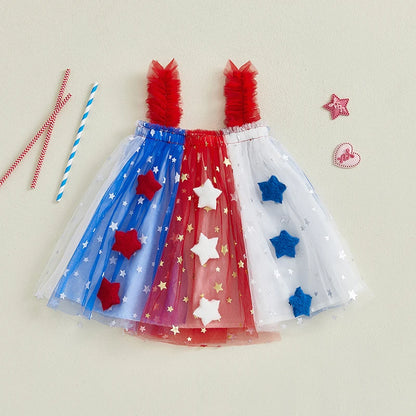 Independence Day Toddler Girl Dress Patriotic American Flag Print Sleeveless Suspender Tulle A Line Dress for Summer Celebration