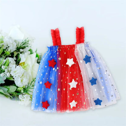 Independence Day Toddler Girl Dress Patriotic American Flag Print Sleeveless Suspender Tulle A Line Dress for Summer Celebration