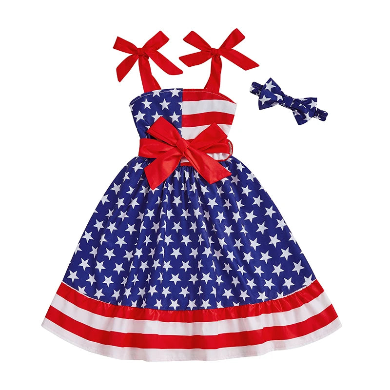 Girls Fourth of July Outfits American Flag Print Ruffle Sleeveless Dress with Matching Headband for Independence Day