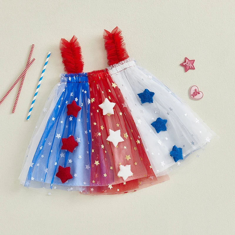 Independence Day Toddler Girl Dress Patriotic American Flag Print Sleeveless Suspender Tulle A Line Dress for Summer Celebration