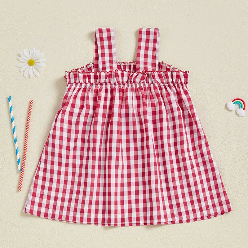 Girls American Flag Print Sleeveless Dress with Bow Detail and Plaid A-Line Skirt for Patriotic Events and Summer Parties -