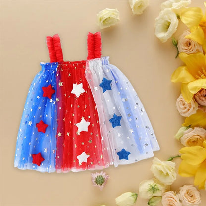 Independence Day Toddler Girl Dress Patriotic American Flag Print Sleeveless Suspender Tulle A Line Dress for Summer Celebration