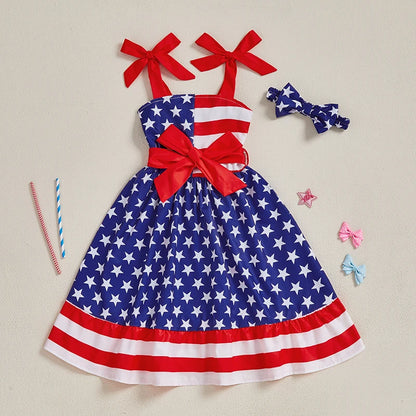 Girls Fourth of July Outfits American Flag Print Ruffle Sleeveless Dress with Matching Headband for Independence Day