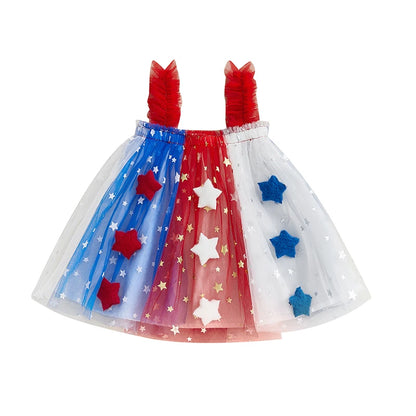 Independence Day Toddler Girl Dress Patriotic American Flag Print Sleeveless Suspender Tulle A Line Dress for Summer Celebration