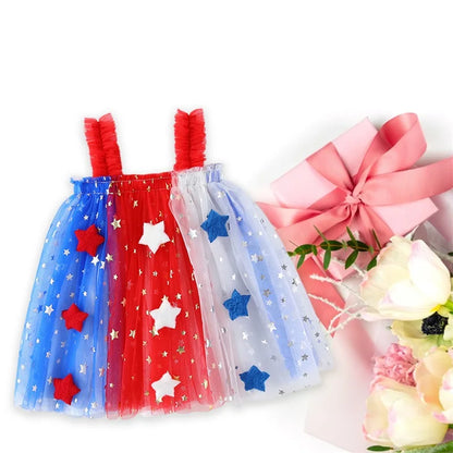 Independence Day Toddler Girl Dress Patriotic American Flag Print Sleeveless Suspender Tulle A Line Dress for Summer Celebration