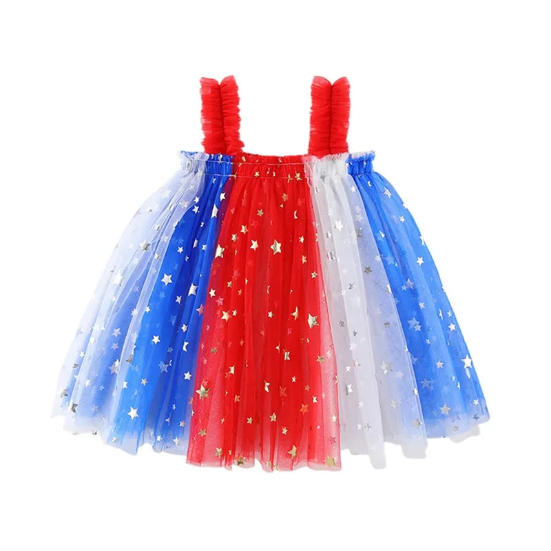 Independence Day Toddler Girl Dress Patriotic American Flag Print Sleeveless Suspender Tulle A Line Dress for Summer Celebration