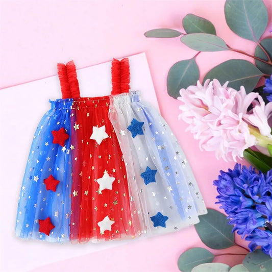 Independence Day Toddler Girl Dress Patriotic American Flag Print Sleeveless Suspender Tulle A Line Dress for Summer Celebration