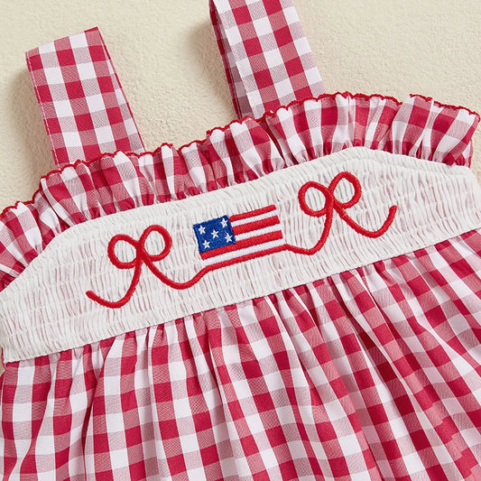 Girls American Flag Print Sleeveless Dress with Bow Detail and Plaid A-Line Skirt for Patriotic Events and Summer Parties -