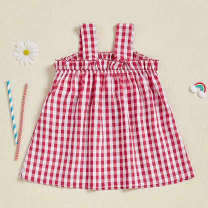 Girls American Flag Print Sleeveless Dress with Bow Detail and Plaid A-Line Skirt for Patriotic Events and Summer Parties -